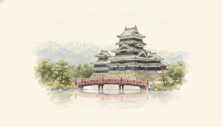 長野のワイン産地の水彩イラスト