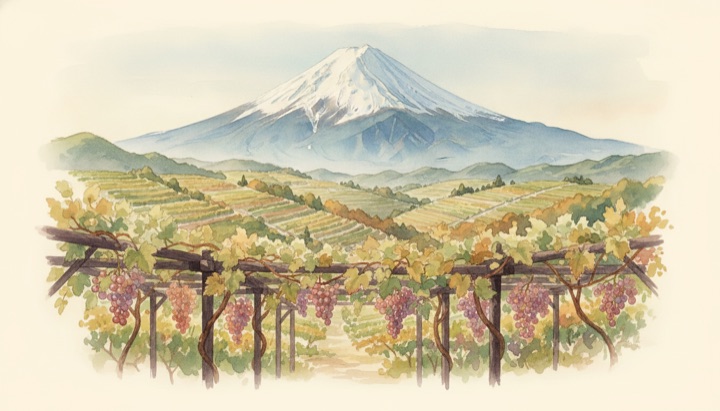 山梨のワイン産地の水彩イラスト